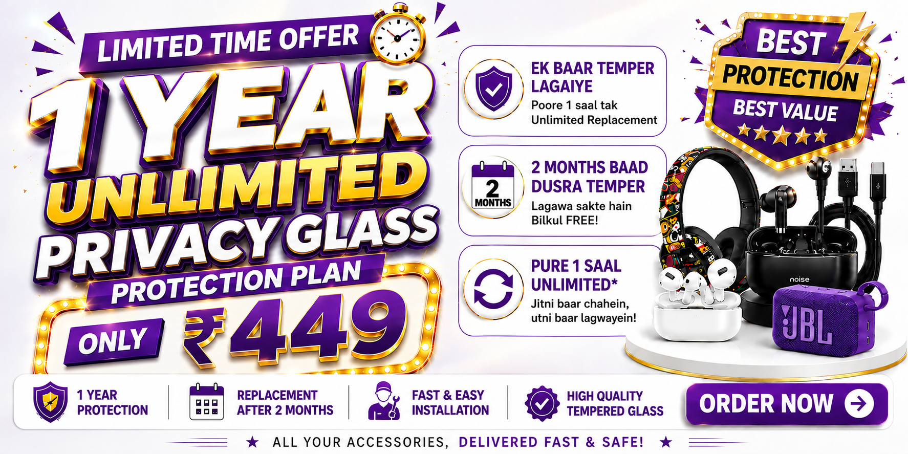 1 Year Unlimited PRIVACY TEMPERED GLASS Membership – ₹449 Only