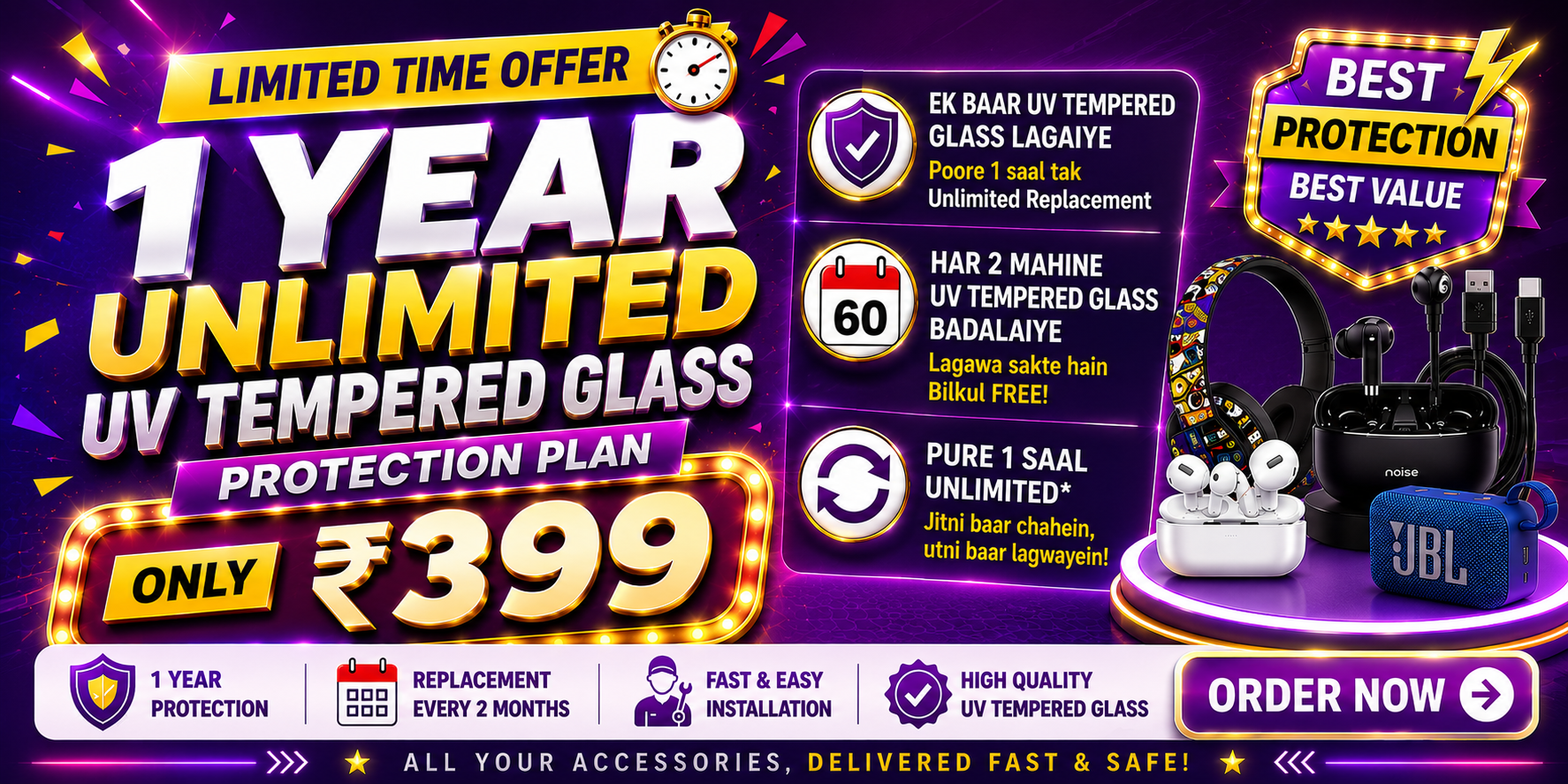 1 Year Unlimited UV FULL CURVE TEMPERED GLASS Membership – ₹399 Only