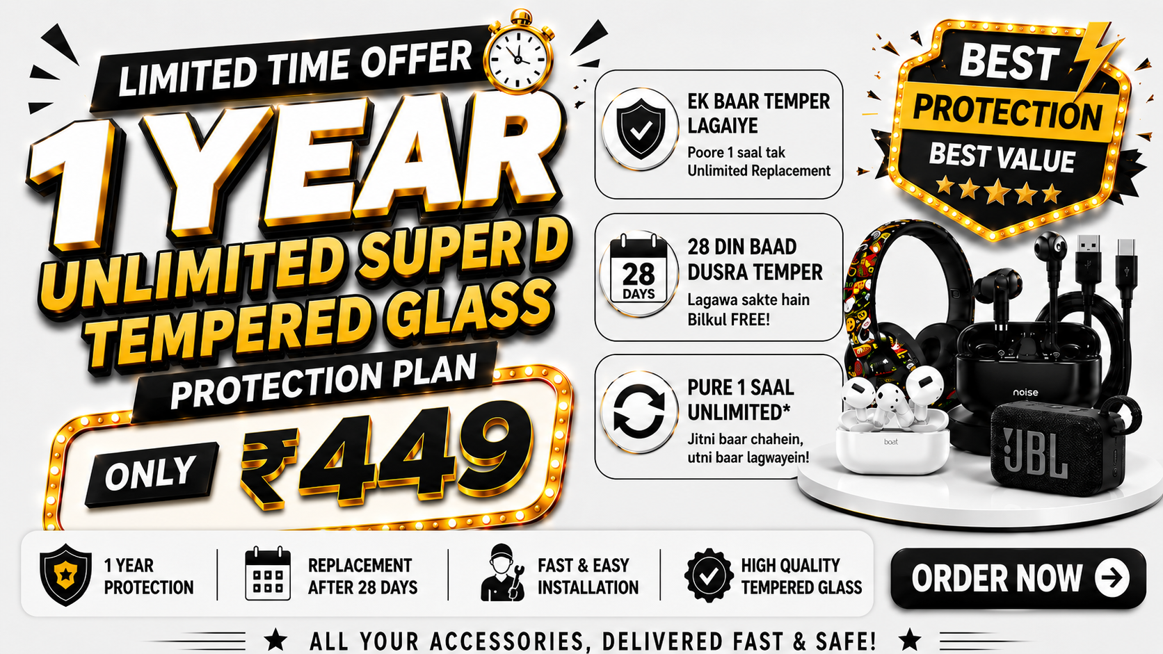 1 Year Unlimited Super D TEMPERED GLASS Membership – ₹449 Only