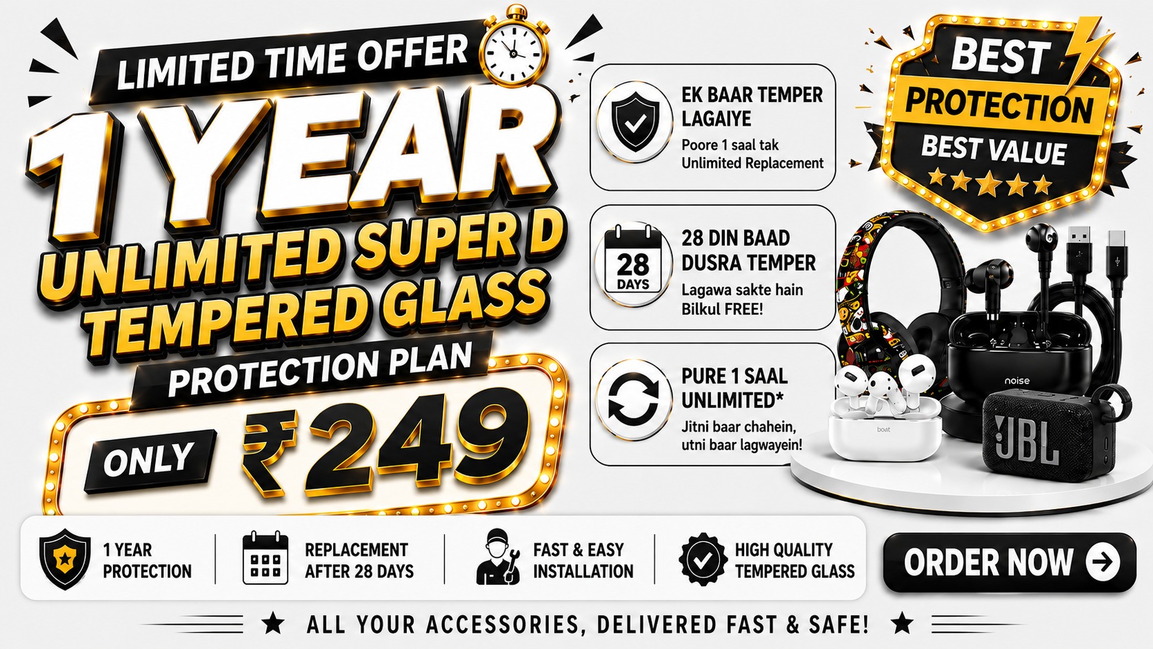 1 Year Unlimited Super D TEMPERED GLASS Membership – ₹249 Only