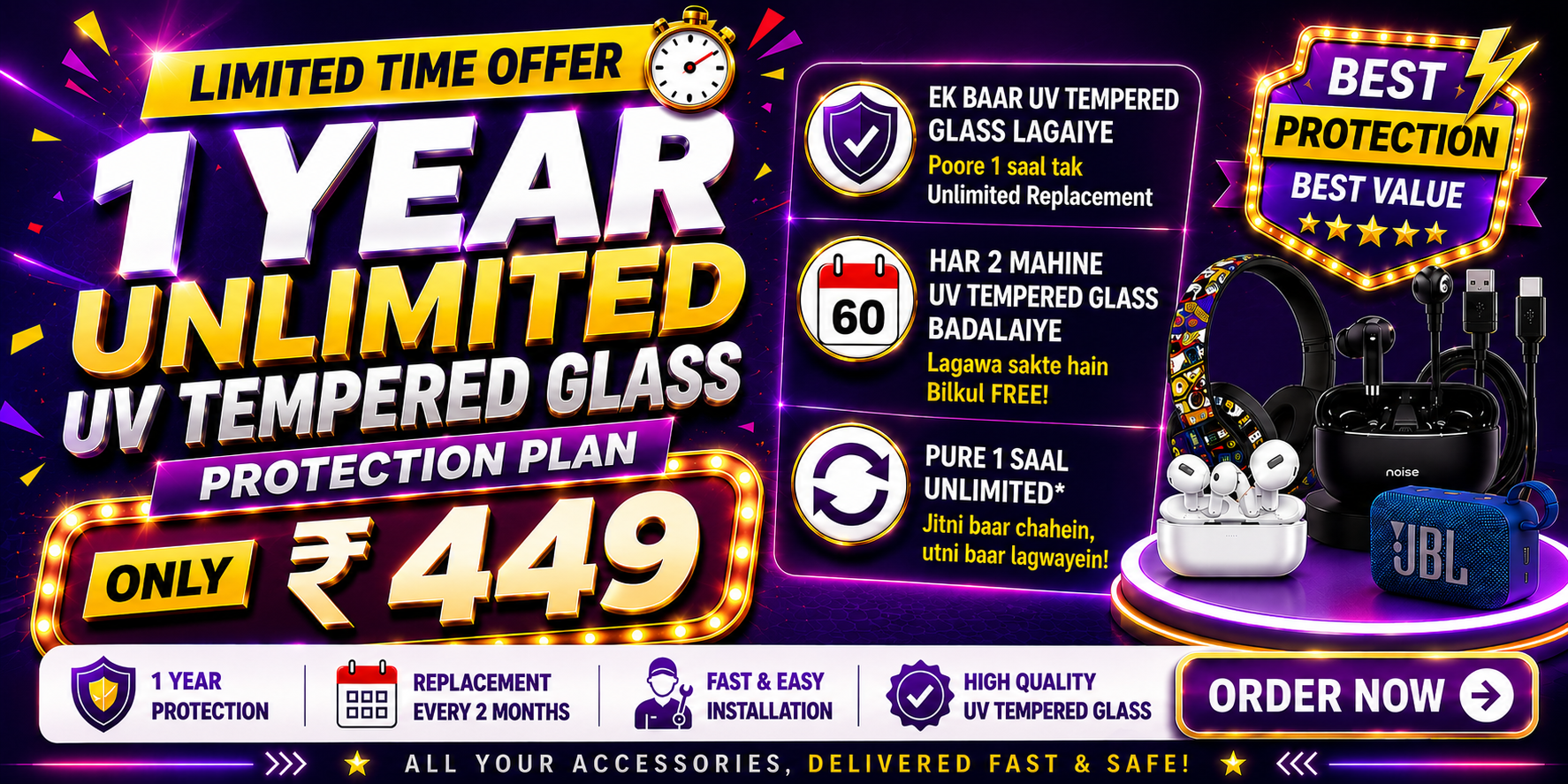 1 Year Unlimited UV FULL CURVE TEMPERED GLASS Membership – ₹449 Only